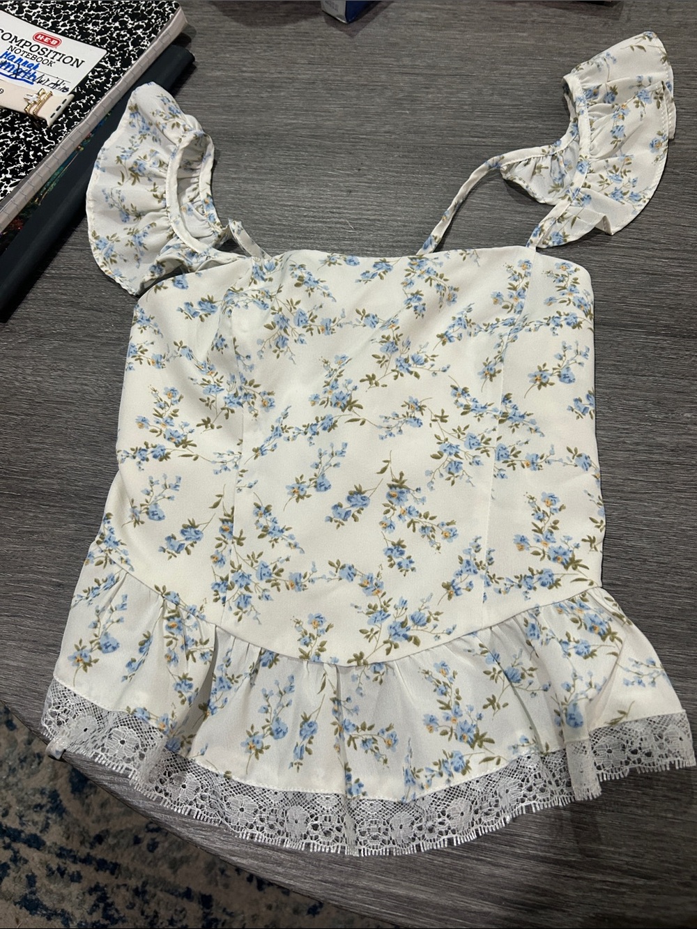 SHEIN White Floral Lace-Trim Ruffle Camisole with Blue Blooms